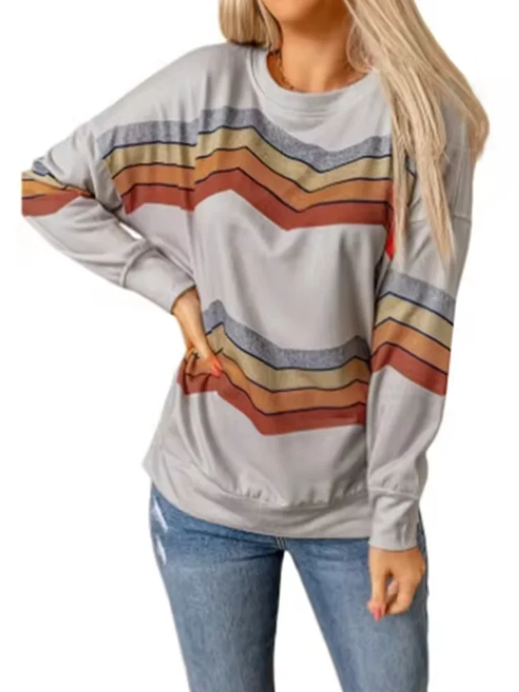 Loose Round Neck Long Sleeved Color Blocked Striped Printed Women's T-shirt Daily Versatile Party Casual Autumn Top