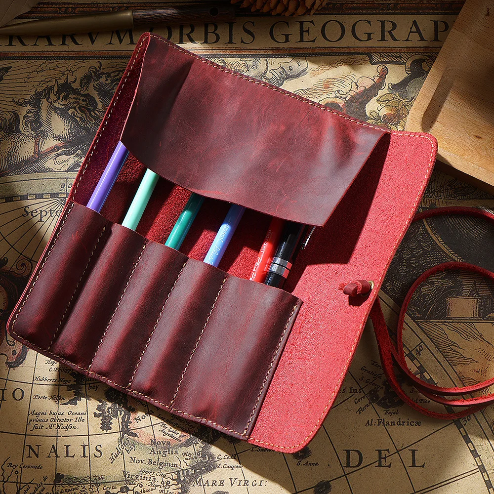 Vintage Top Grain Leather Pen Roll Genuine Cowhide Pen Pouch Simple Literary Multi-functional Roll Up Pen Case Stationery Gift