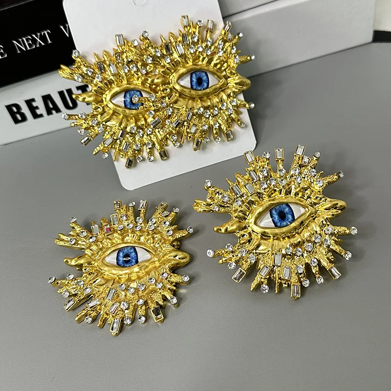 Exaggerated Personality Rhinestone Big Eye Earrings Vintage Open Ring Brooch Earrings Set Women\'s Party Jewelry Accessories