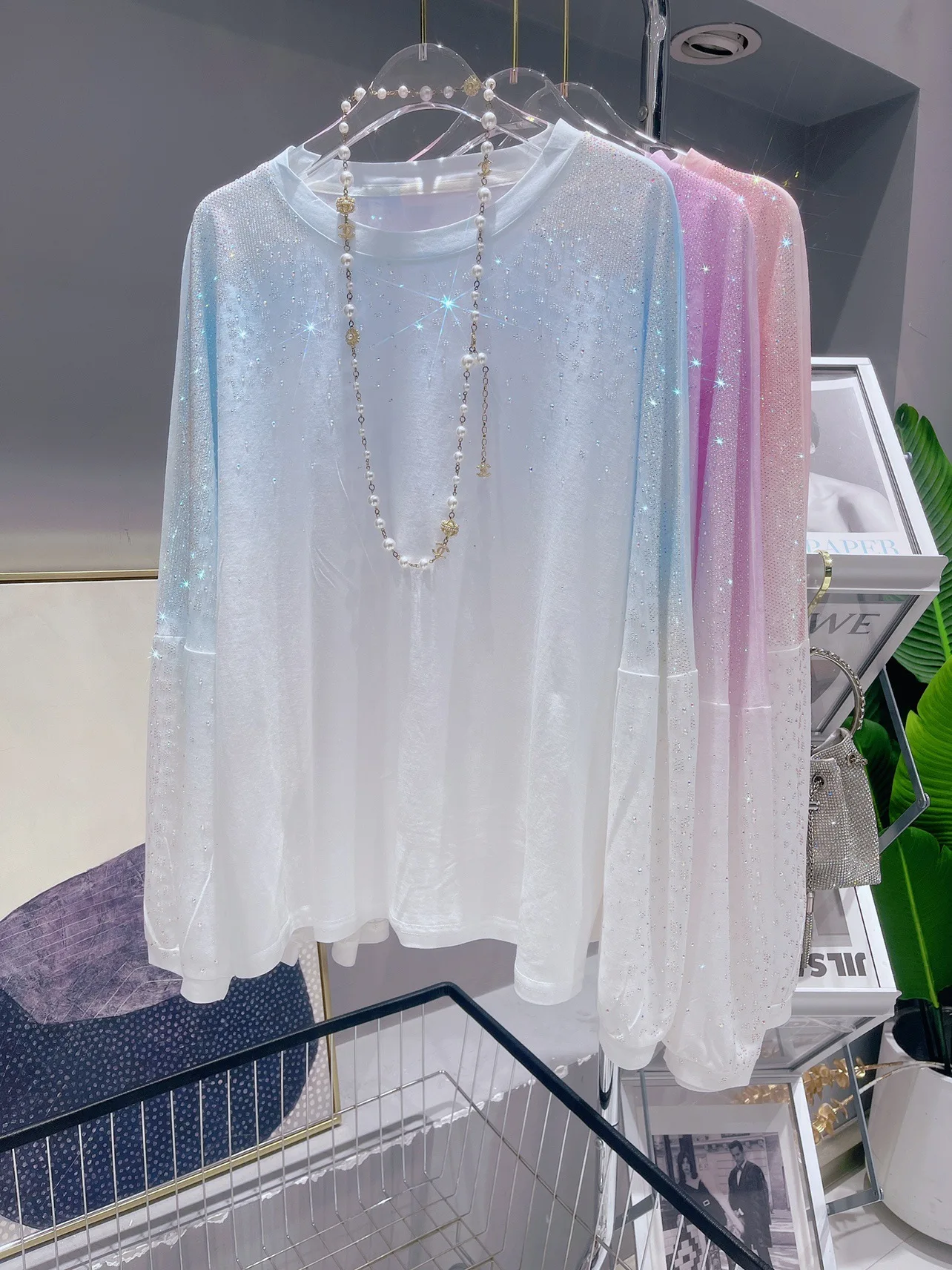 Trendy Hot Drilling Thin Ice Silk Sun Protection Shirt 2023 Summer New Gradient Rhinestone Long Sleeve T-shirt Loose Top