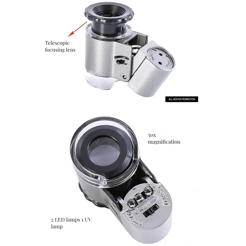Ювелирная лупа, ручная лупа, 50X, новый мини-микроскоп со светодиодным УФ-светом для идентификации живописи, увеличительное стекло A62X