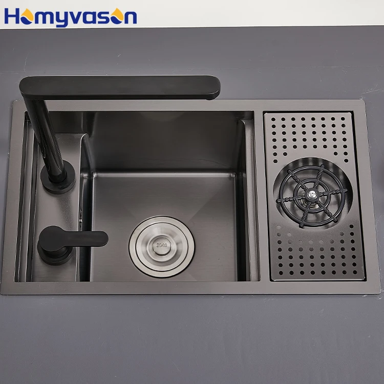 Modern Cheap Stainless Steel Sink Black Nano Single Undermount Counter Open Smart Bar Small Hidden Cup Rinser Kitchen Sink