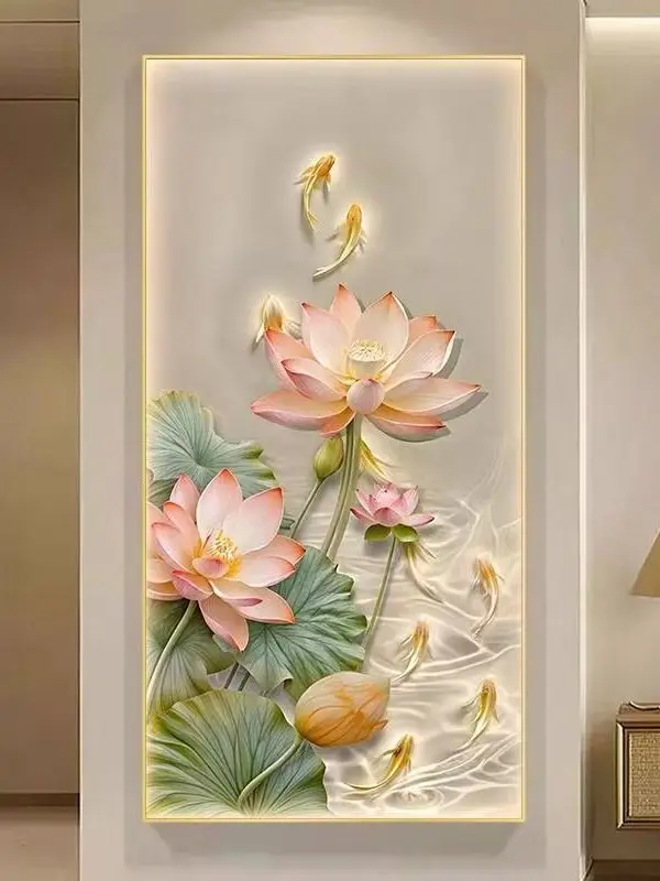 

New 2026 Lotus Nine Fies Pattern Cross Stitch Vertical Handmade Bedroom lway Decor Cotton Fabric Living Room Wall Art