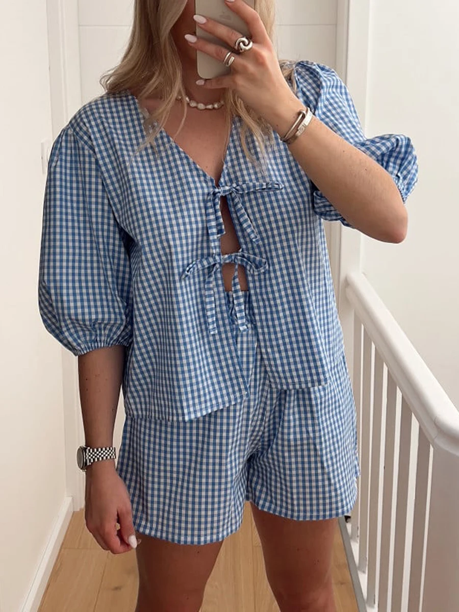 Women Y2k Gingham Print Shirt Shorts Set Two Piece Lounge Set Pajamas Sets Puff Sleeve Bow Tie Front Top 2pcs Outfits Set