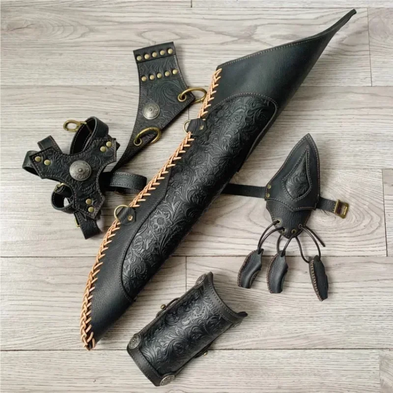 Leather cowhide archery reverse curvature  quiver arrow pot carrying back waist hanging arm guard finger guard