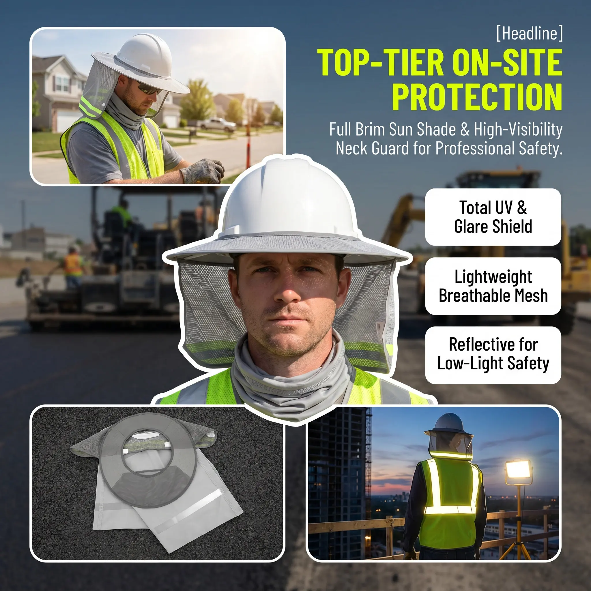 1Set Hard Hat Neck Shade Full Brim Sun Visor Mesh Sunshade with Neck Cover for Construction Safety Helmets Outdoor Work Uv