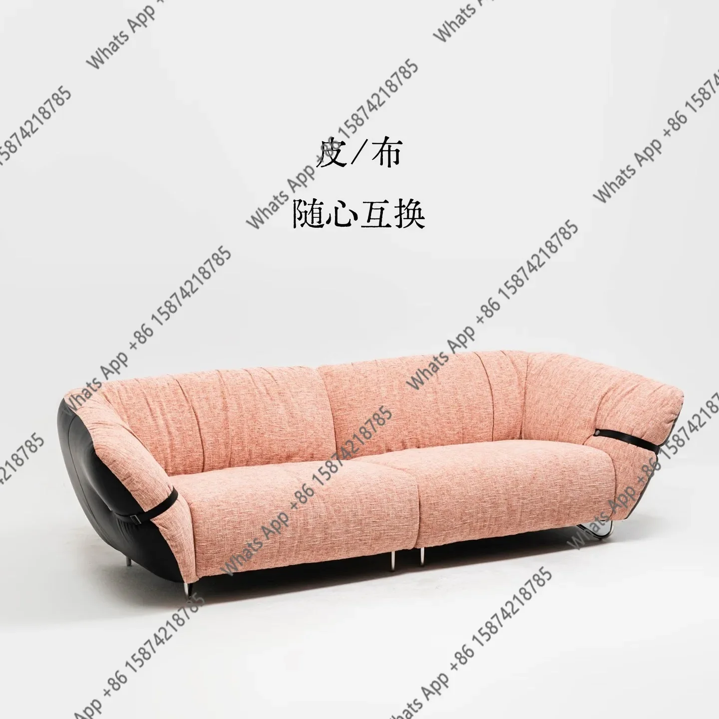 N67 minimalist designer light luxury retro style modern pink leather cloth with three-person small apartment living room sofa
