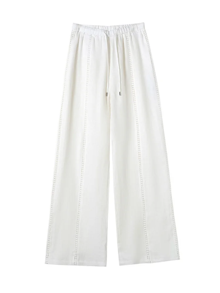 Calças largas de linho de seda gelo mulheres verão dopane fina cintura alta casual renda splice lyocell sembach calças commute sle