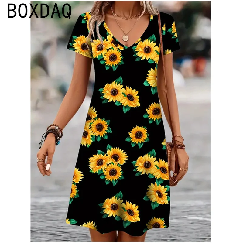 Vestido estampado de manga corta con cuello en V para mujer, vestido personalizado de calle a la moda para mujer, vestido acampanado holgado informal Floral Vintage 3D