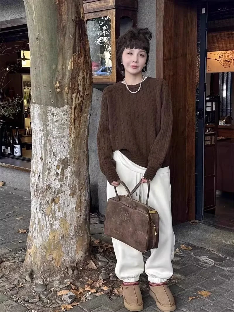 Round neck twist 100% pure cashmere sweater women loose solid color lazy cashmere sweater