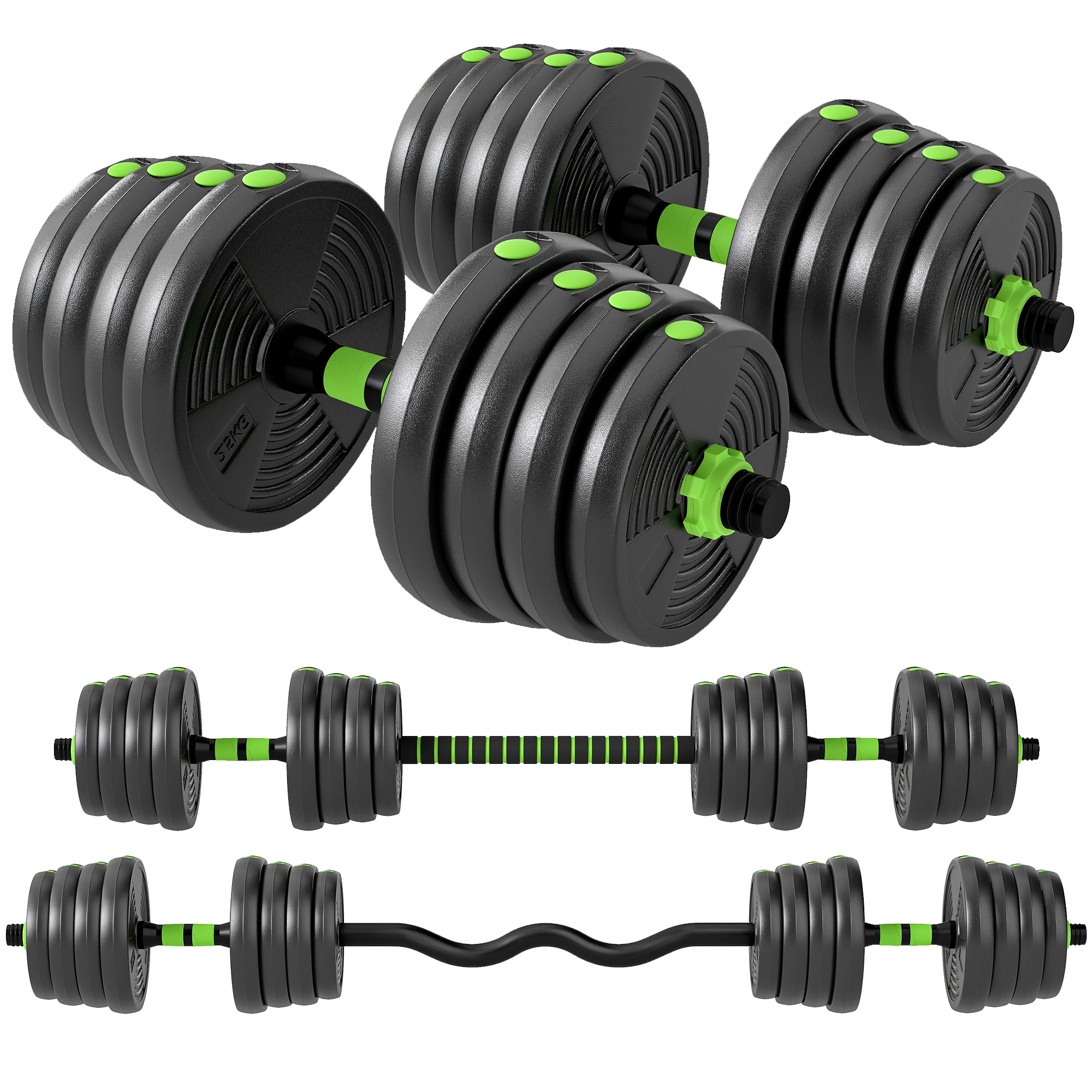 Set di manubri regolabili 3 in 1, 30 kg, con barra di estensione, colore nero.