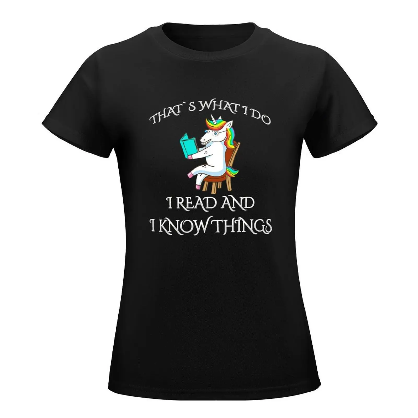 I Read And I Know Things , Unicorn Dabbing Reading T-Shirt Short sleeve tee female cute tops anime clothes Womens clothing