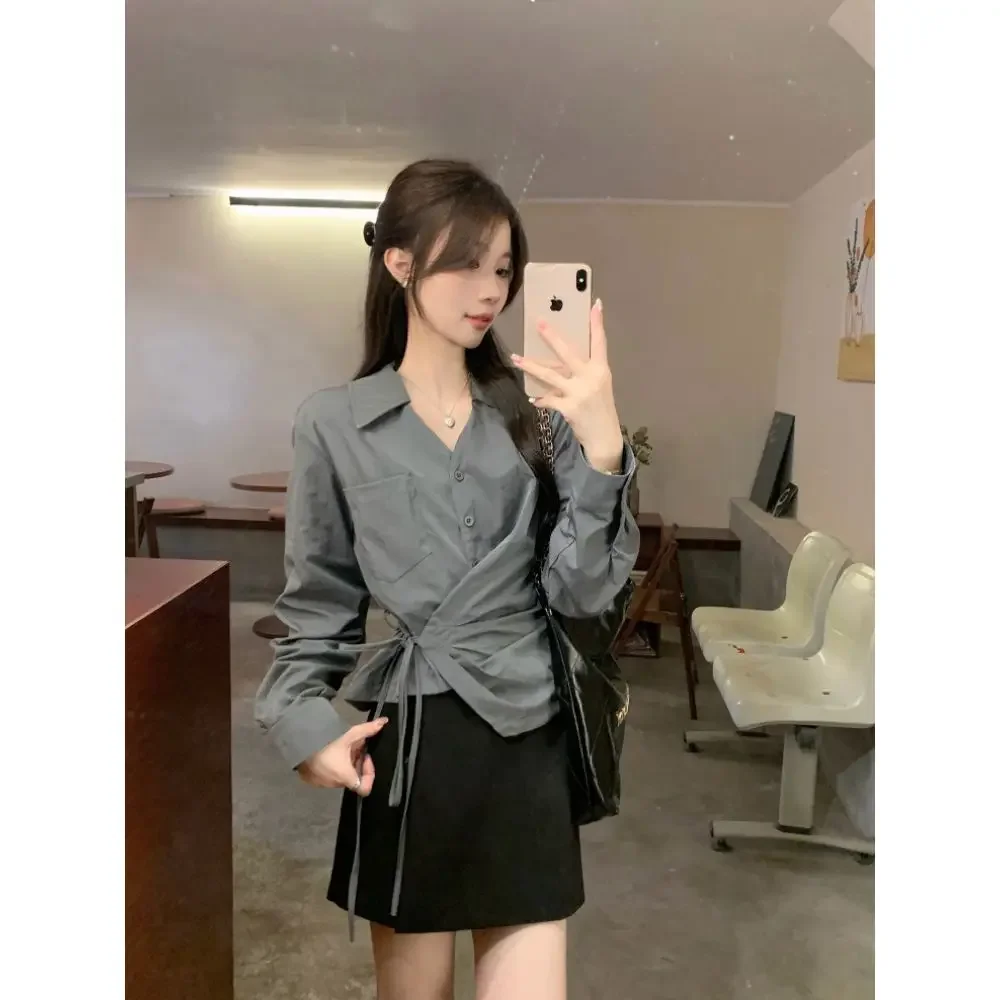 

French Style V-neck Side Waist Strap Long Sleeved Shirt Spring Autumn Casual Loose Irregular Chic Tops Fashion Clothes For Women