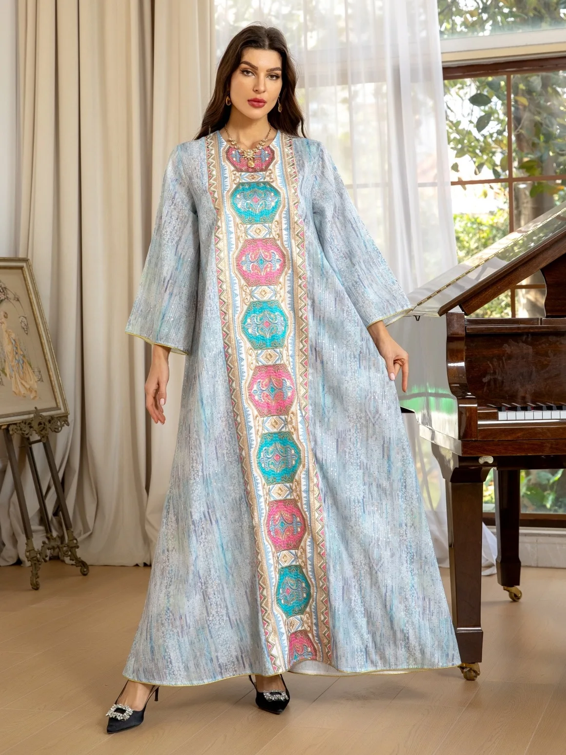 Women's Muslim Middle Eastern Pullover Dress Fashionable Robe Printed Bead Embroidered Embroidered Robe Luxury Evening Dresses