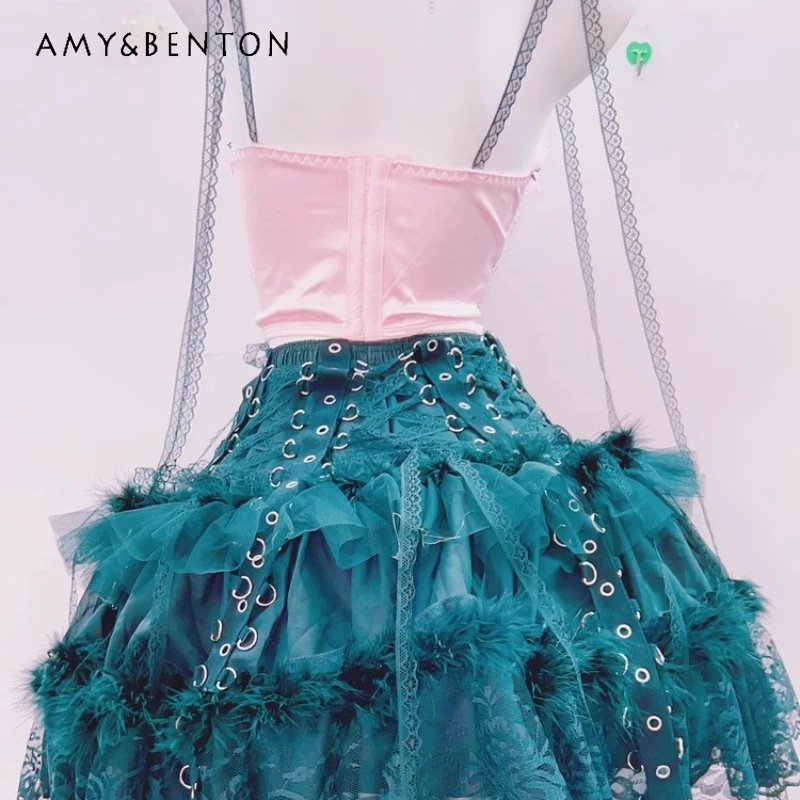 

2025 New Bow Puff Dress Halloween Women's Clothing Original Design Gothic Style Green Sweet Cute Lace Short Skirt Sets Ladies