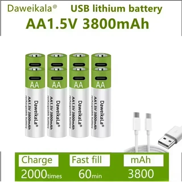 Daweikala 1.5V AA 3800mAh Type-C Rechargeable Lithium Battery for Hunting Camera Remote Control Mouse Smart Door Lock Microphone