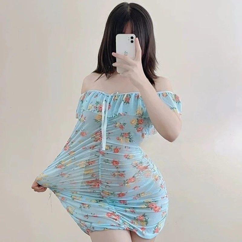 여성의 섹시한 시스루 꽃 프린트 드레스 여름 시어 바디콘 오프 숄더 미니 드레스 젊고 날씬한 블루 홈웨어