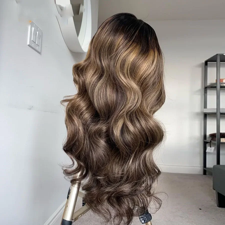 ロング 26 インチハイライトブロンドグルーレス 200 密度ウェーブレース 5 × 5 シルクベース人毛ウィッグ女性のための BabyHair 事前摘み取られた毎日