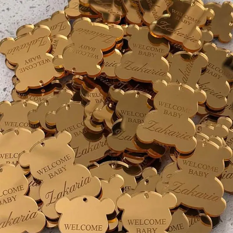 Personalized Acrylic Mirror Bear Favor Tags Custom Acrylic Baby Shower Favors Engraved Name Tags Baptism Birthday Gift Decor