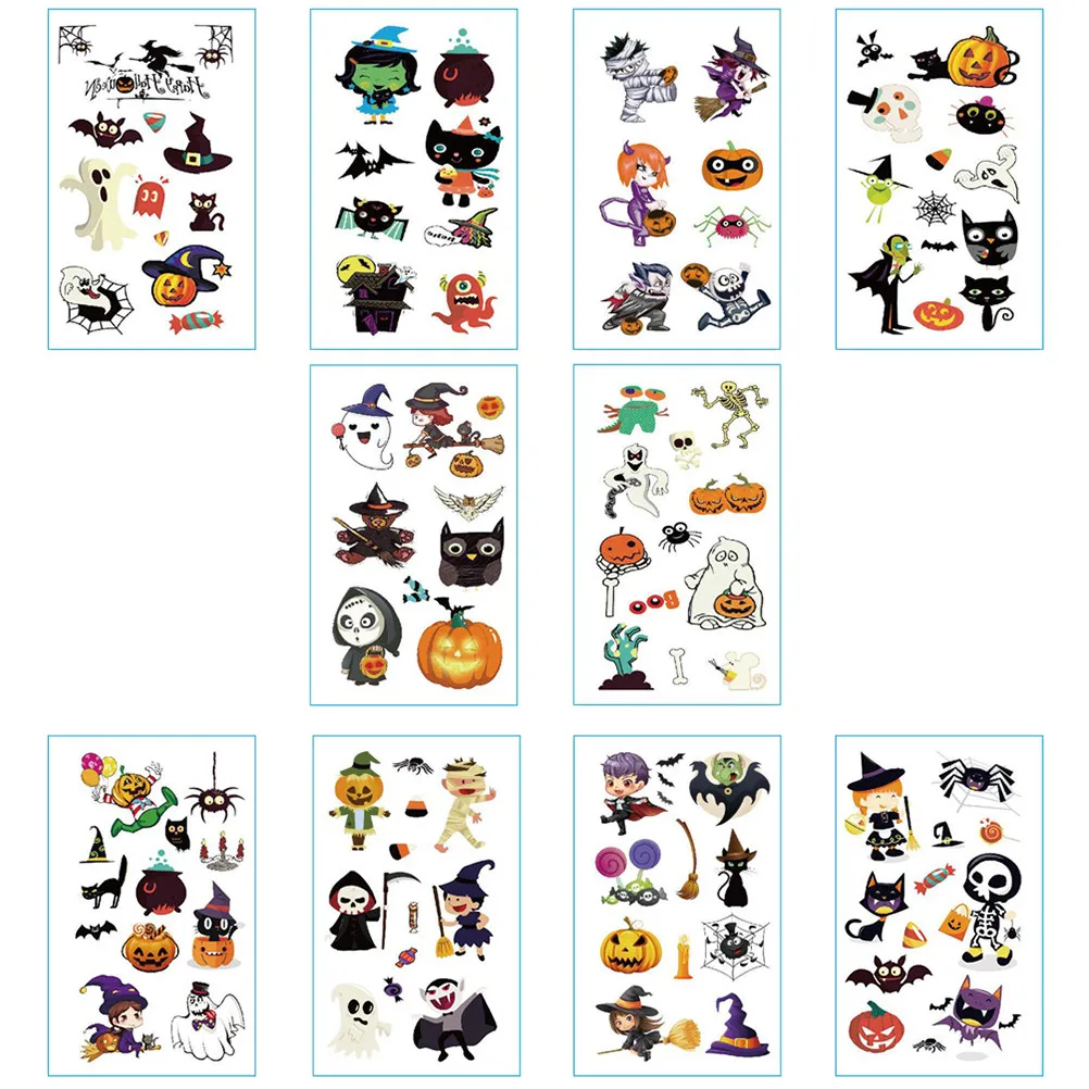 

10pcs Cartoon Face Stickers Funny Halloween Temporary Tattoos for Kids Party Decor Safe Skin Body Art Geometry Design