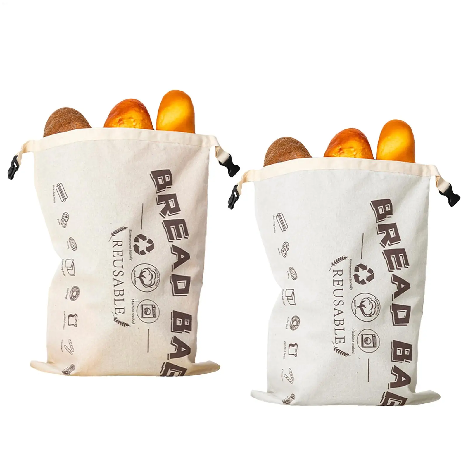 Cotton Bread Bag 43x32cm Reusable Drawstring Storage Pouch for Homemade Bread Loaf with TPU Lining for Bakery Kitchen Pantry