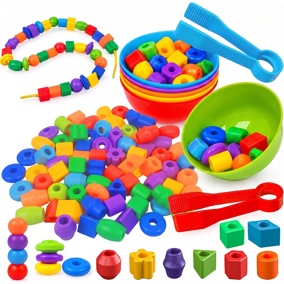 Multi Shapes Lacing Beads Color Sorting Counting Matching Stringing Fine Motor Skills Toy Hand-Eye Coordination Sensory Training