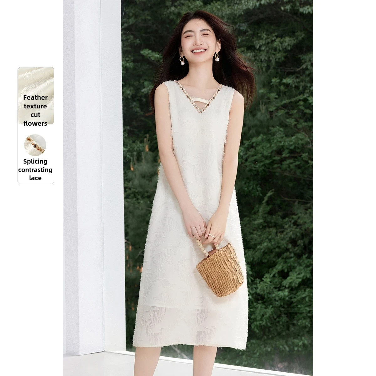 SENTUBILA Luxuriöses Damen-Elegantes Partykleid 2025, Sommer, Aprikose, lässig, V-Ausschnitt, aushöhlen, gerade, Midi-Kleid, Kleidung Q52LP1605