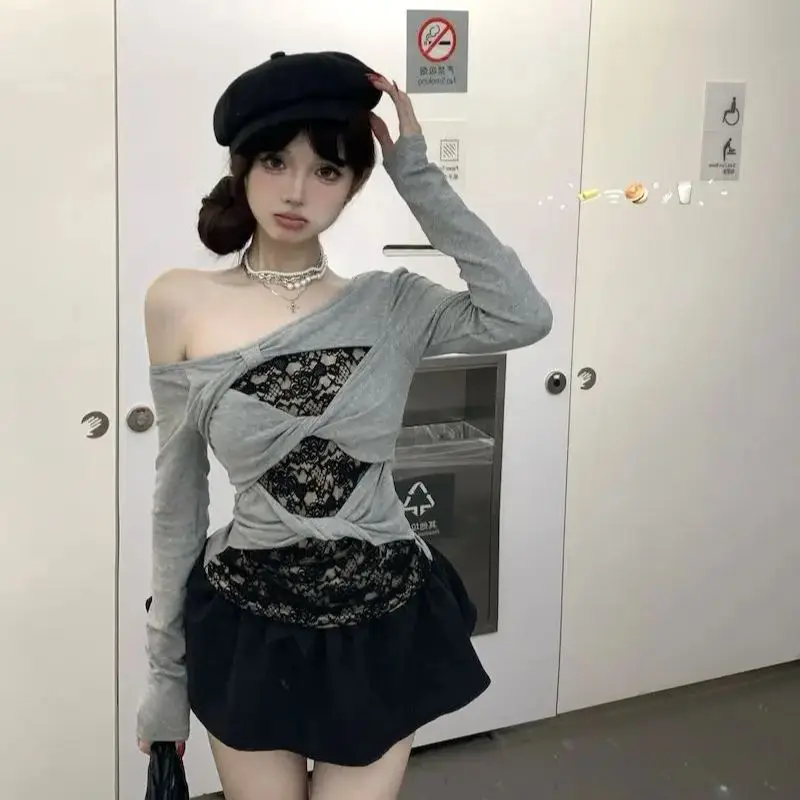 

Lace Splicing Slant Collar Off-Shoulder Long-Sleeved T-Shirt Women Autumn Slim-Fitting Twist Design Hot Girl Tight Contrast Top