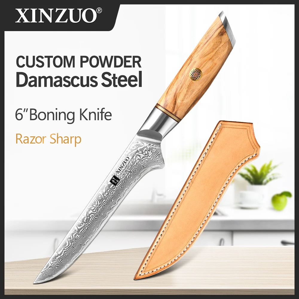 

XINZUO 6 inch Boning Knife 73 Layers Custom Damascus Steel Curved Bone Stripping Knife Kitchen Knives High Quality Wood Handle