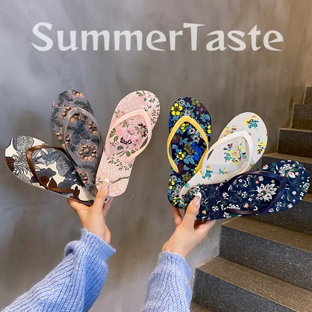 

Portable Soft Floral Printed Flip Flops PVC Anti-slip Beach Flip Flops Coloful Resilience Women Flower Slippers Vacation Travel