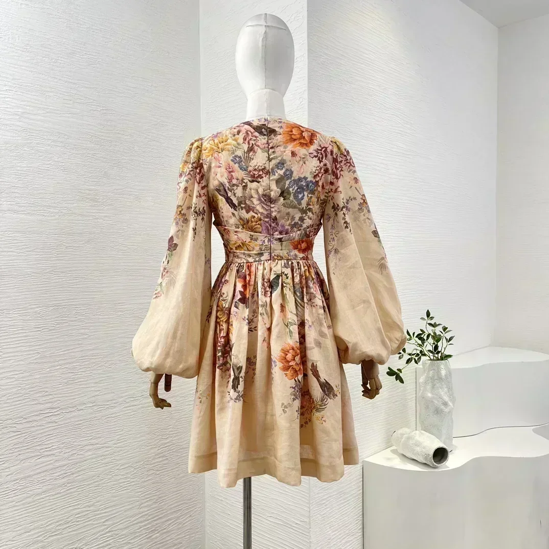 2024 novo outono de alta qualidade cor pêssego flores impressão manga longa ruched mini vestido para mulher