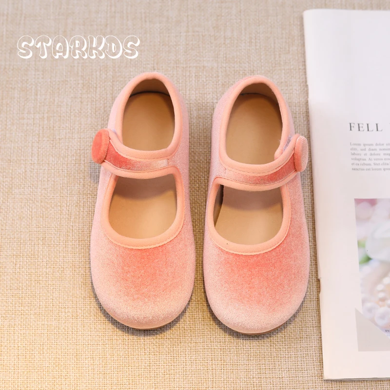 Cute Peach Pink Velvet Shoes Girls Vintage Green Velour Ballet Flats Baby Kids Spring New Soft Sole Luxury Mary Janes