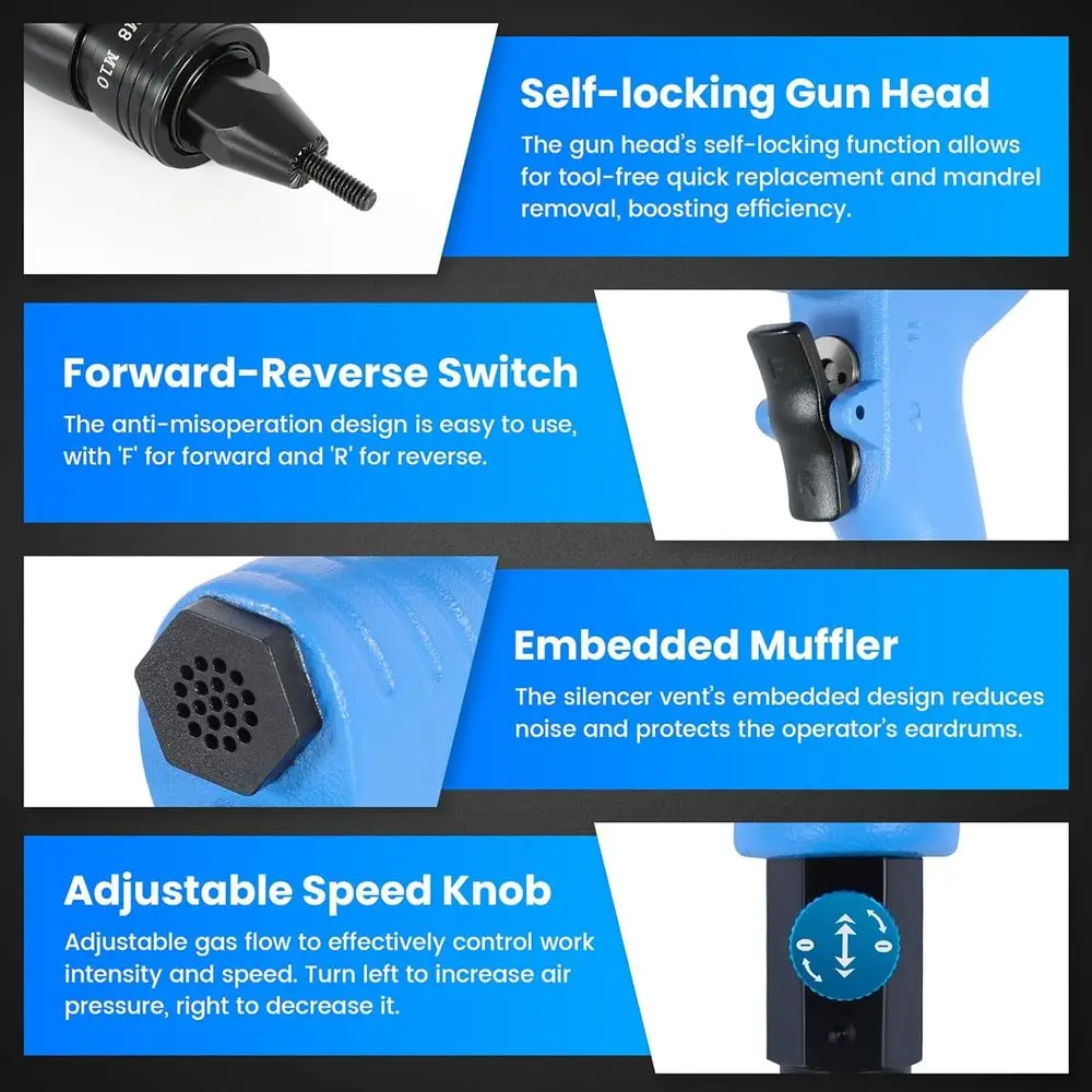 Rivet Nut Gun Kit with 1/4 & 5/16 & 3/8 Mandrels, Industrial Grade Air Rivnut Tool Set with Self-Locking Head Gun, Air Riveter N