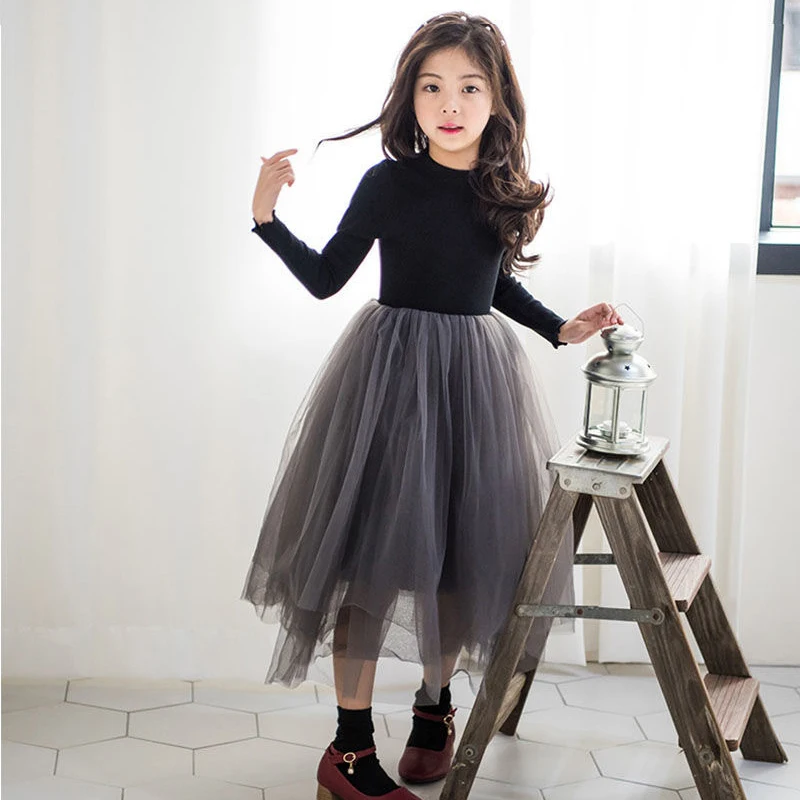 3-12 Years Spring Autumn Girls Dress Korean Mesh Fashon Long Sleeve Little Princess Dress Party Birthday Gifts New Kids Clothes