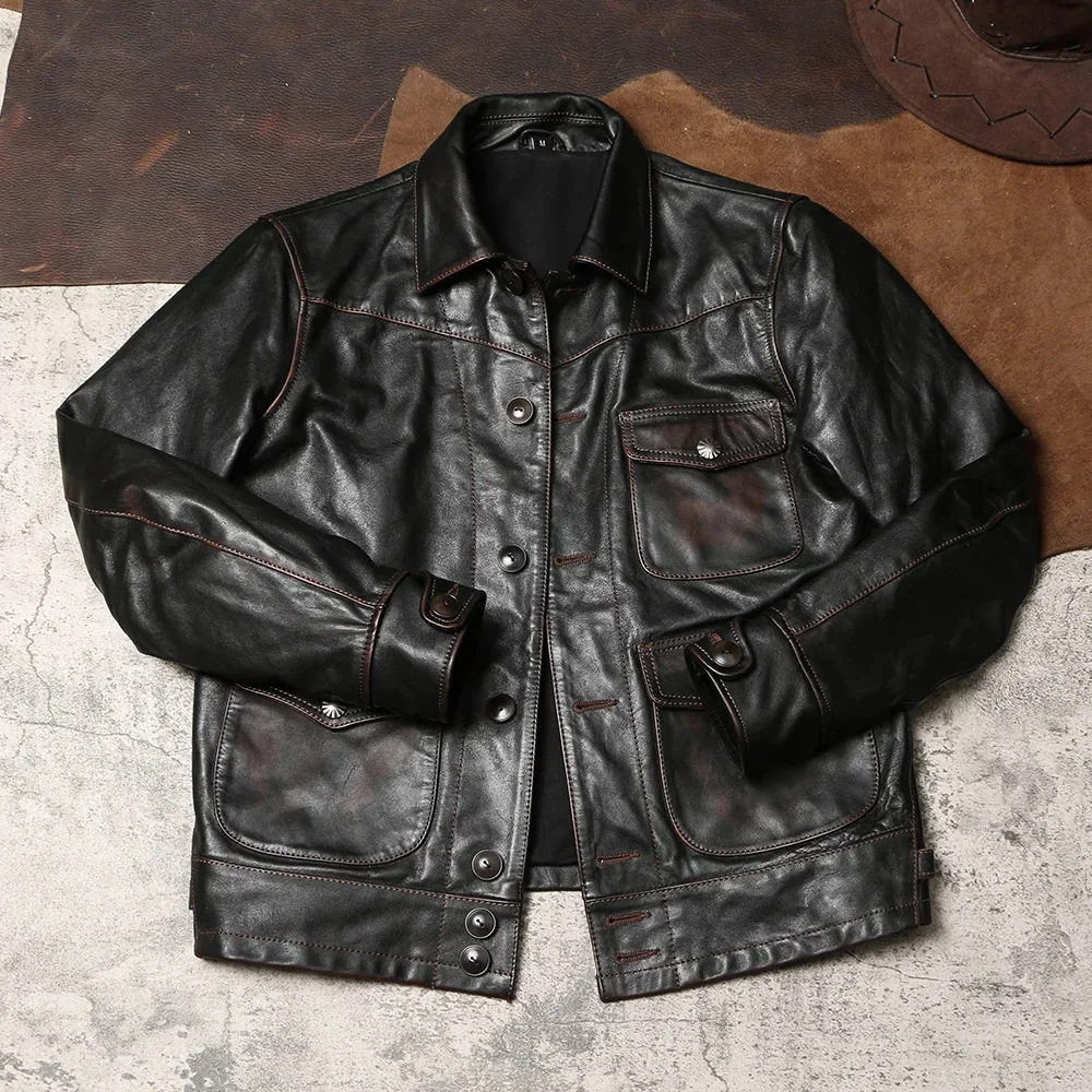 YR!Wholesales.Classic vintage safari American genuine leather jacket.West Farmer 1mm tea core tanned horsehide coat.slim