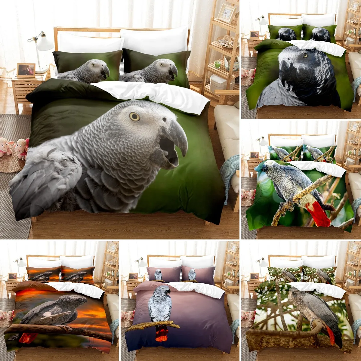 Parrot Duvet Cover Set King/Queen Size, Lovely Gray Parrot Themed Bedding Set For Kids Adults, Trees Bird Duvet Cover, Green