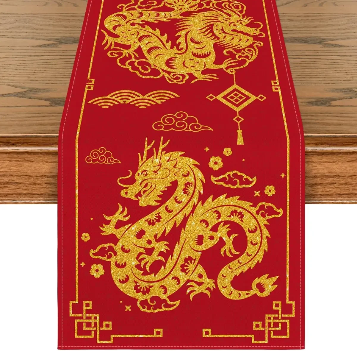 Chinese Zodiac Dragon 2024 Happy New Year Linen Table Runner Winter Festival Kitchen Dining Table Runners Party Decorations