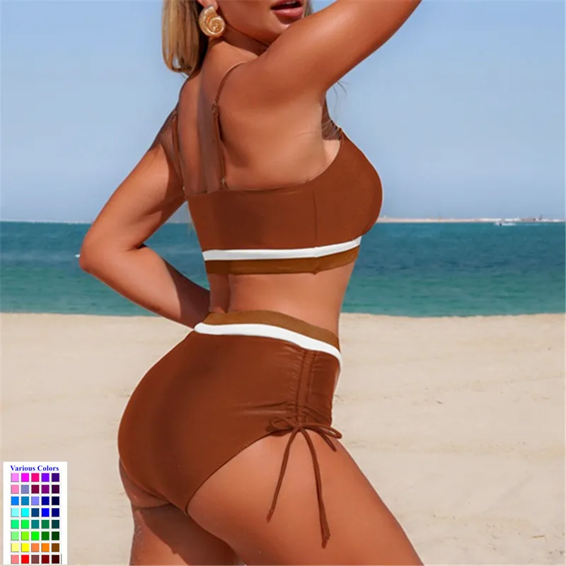 

Купальник-бикини из двух частей, женский, с завышенной талией, завязками по бокам, коричневый, с белыми полосками, для пляжного отдыха, вечеринок у бассейна, летний, модный, 2026