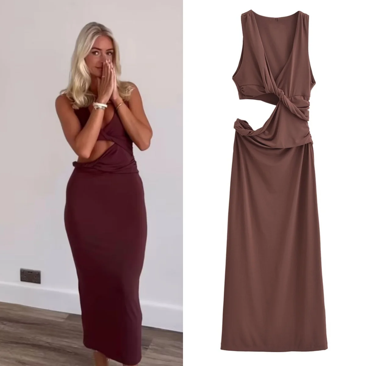 PB & ZA 2024 여성용 단색 허리띠, 스플릿 컷 어깨 스트랩, 브이넥 민소매 원피스, 신상 패션 