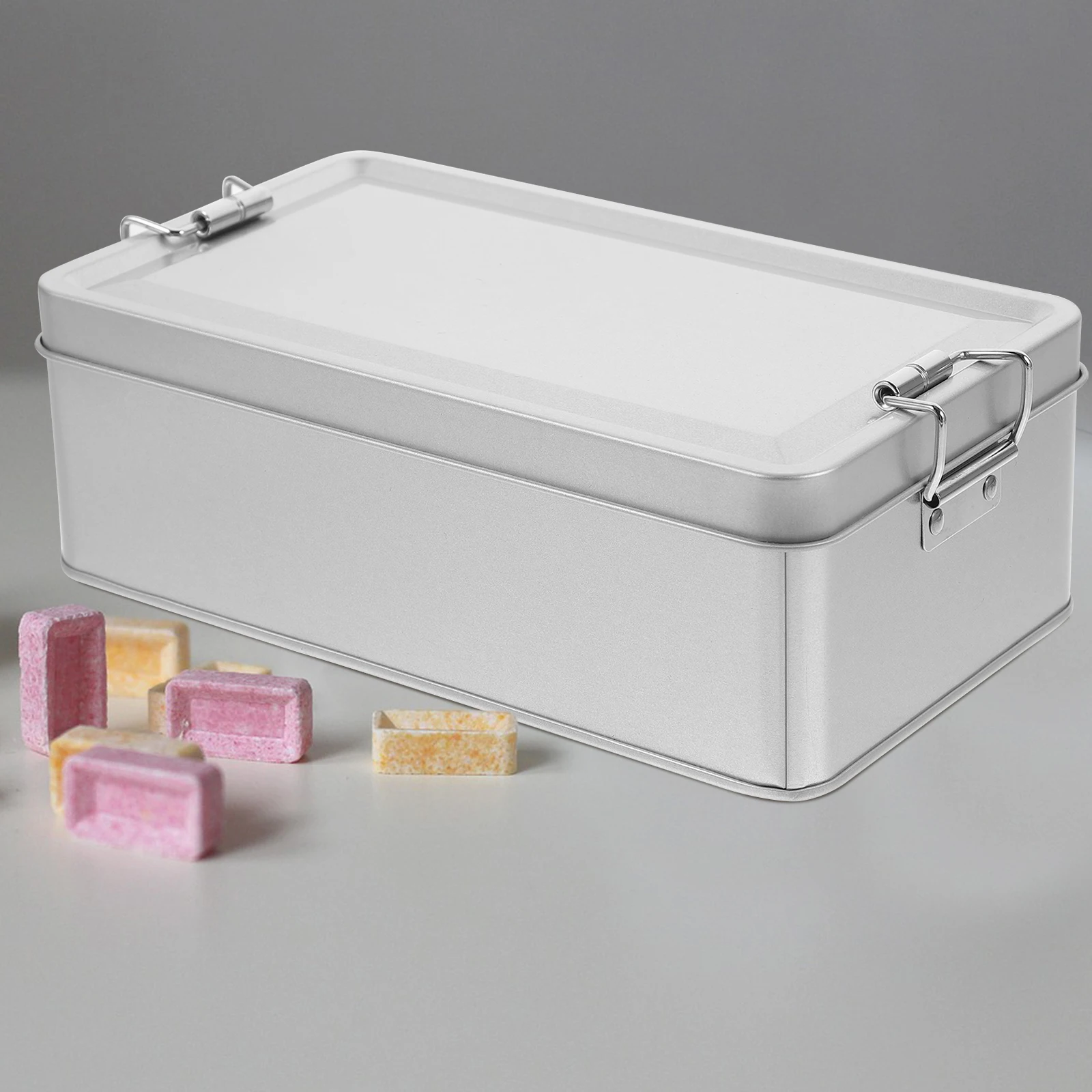 صندوق تخزين الحلوى المصفيح الفضي العتيق، صندوق تخزين من القصدير متعدد الأغراض بسعة متوسطة مع علب معدنية بغطاء #1