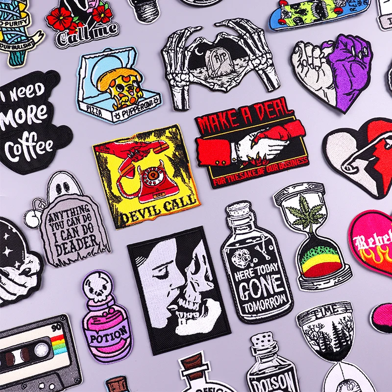Punk Skull Patch Iron On Embroidered Patches For Clothing Thermoadhesive Patches On Clothes Bottle Ghost Patch Stickers