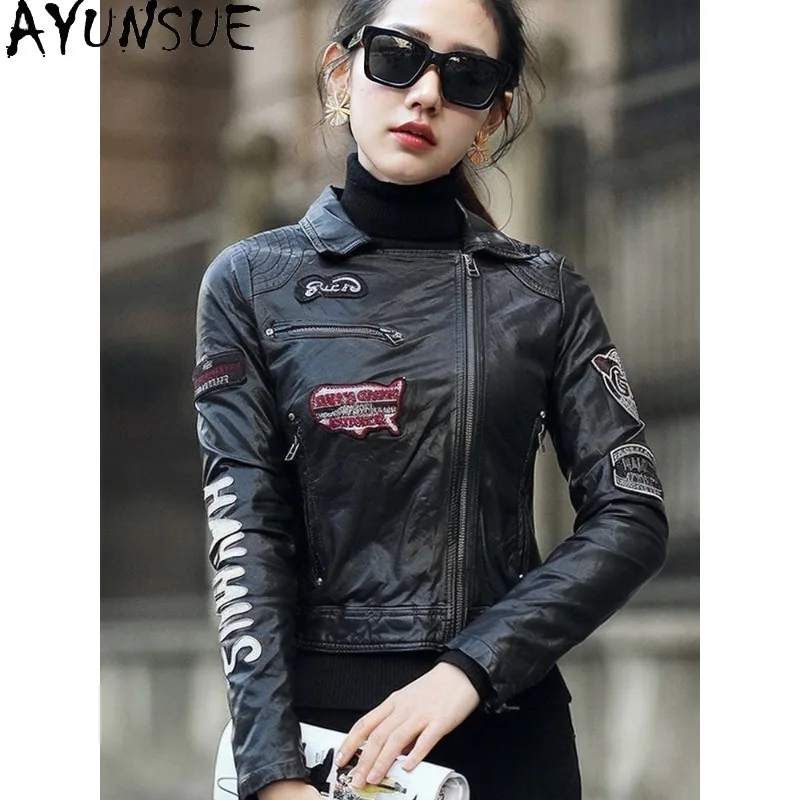 AYUNSUE Real Leather Jacket Woman Fashion Short Motorcycle Outerwear Vegetable-tanned Leather Jackets for Woman Clothes Jaqueta