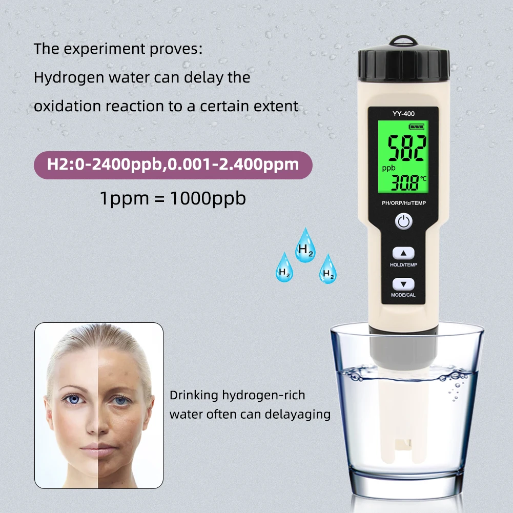 Yieryi Hydrogen Water Tester Monitor 4 in 1 H2 PH ORP TEMP Meter Reactive Oxygen Analyzer ATC 0-2400PPb for Aquariums Pools Spa