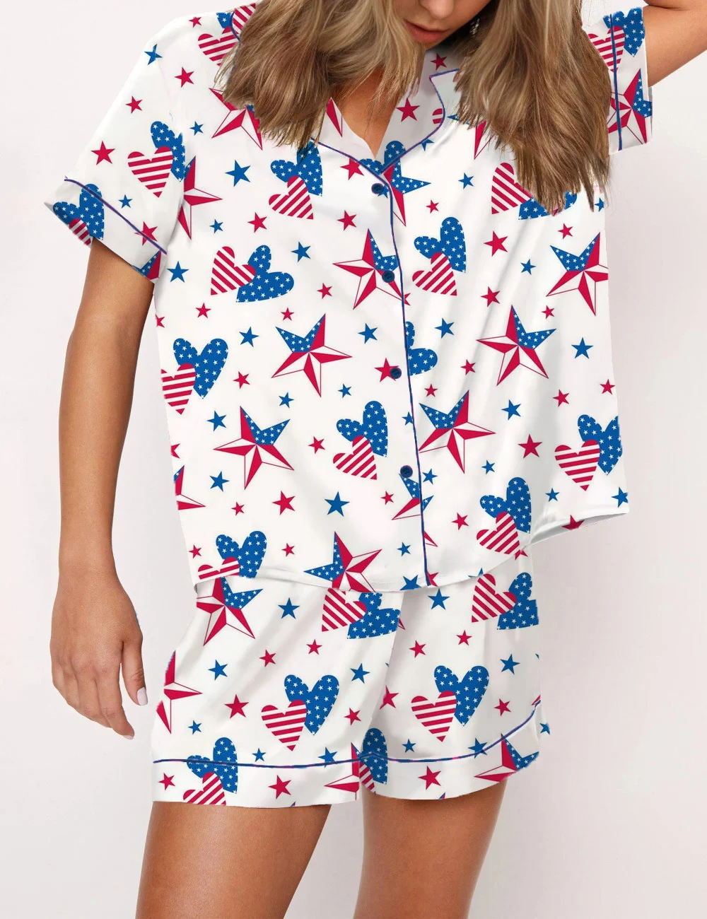 Pigiama da donna del 4 luglio, manica corta, stampa bandiera stellata, camicia con bottoni, pantaloncini, set da notte