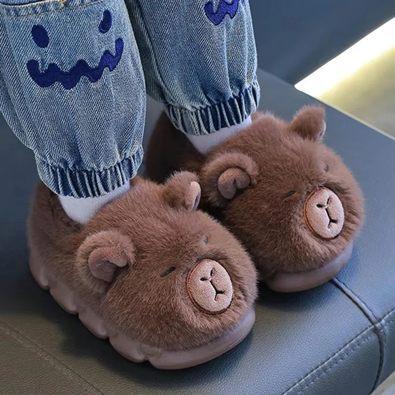 Winter Fuzzy Warm House Shoes Funny Cartoon Capybara Full Cover Foot Plush Slippers Anti Slip Platform Soft Kids Home Footwear