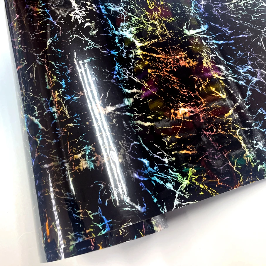 High Glossy Crystal Holographic Marble Black Fiber Vinyl Film Car Wrap Vinyl Sticker for Car Tuning Stickers Adhesive Decal
