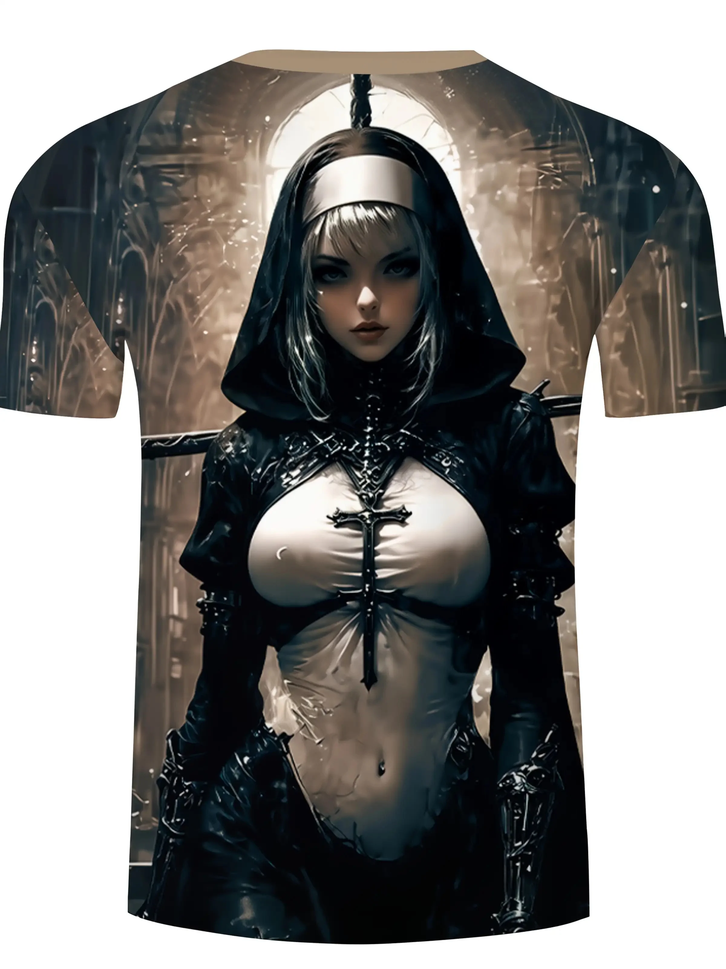 تي شيرت برسومات راهبة قوطية للرجال والنساء - فن الدير القوطي الداكن مع راهبة، تي شيرت برقبة دائرية قابلة للتنفس لجميع القديسين #3