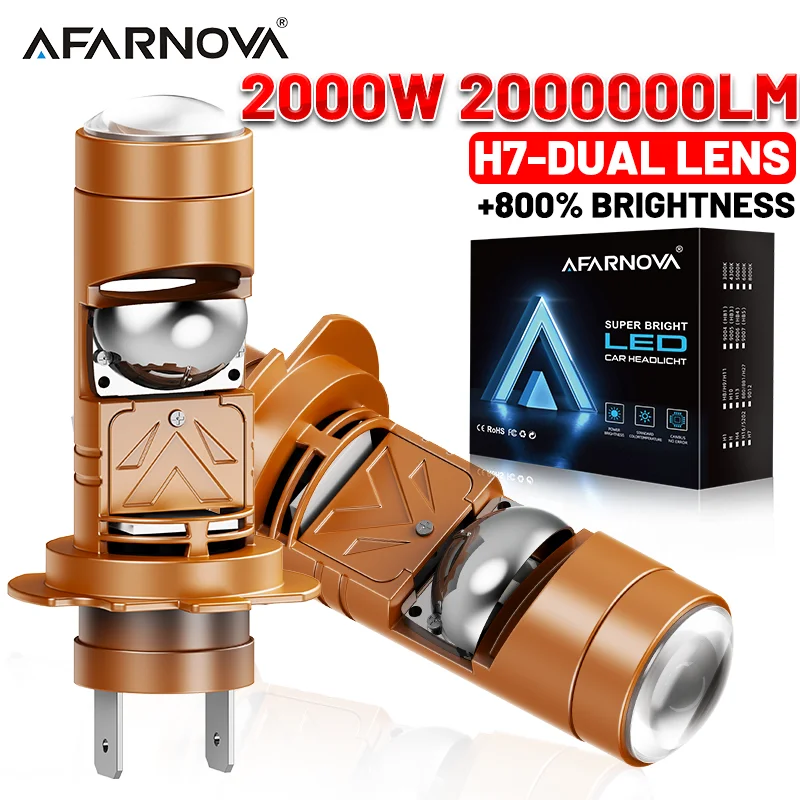 

H7 Mini Bi LED Projector Lens Bulb 200000LM 2000W High Low Beam 3000K 4300K 6000K Canbus Turbo Fan Auto Lights Plug-N-Play 12V