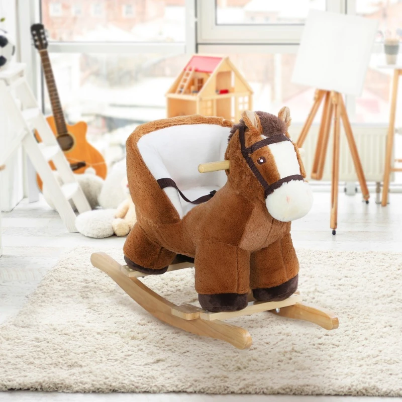 

Baby Rocking Horse, Plush Animal Rocker with Sound, Wooden Base, & Safety Belt for Ages 18-36 Months, Brown