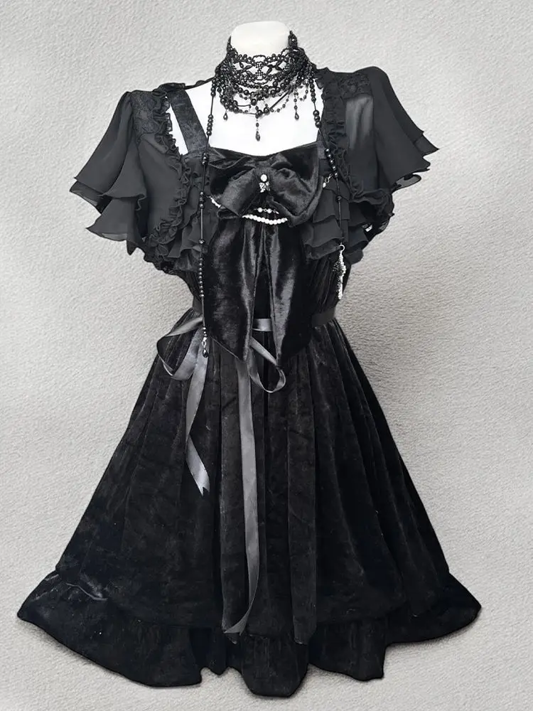 

2025 Dark Academia Gothic Style Lolita Outfits Women Fit Chic Dress + Black Cardigan Summer New Fashion Vintage Slim 2 Piece Set